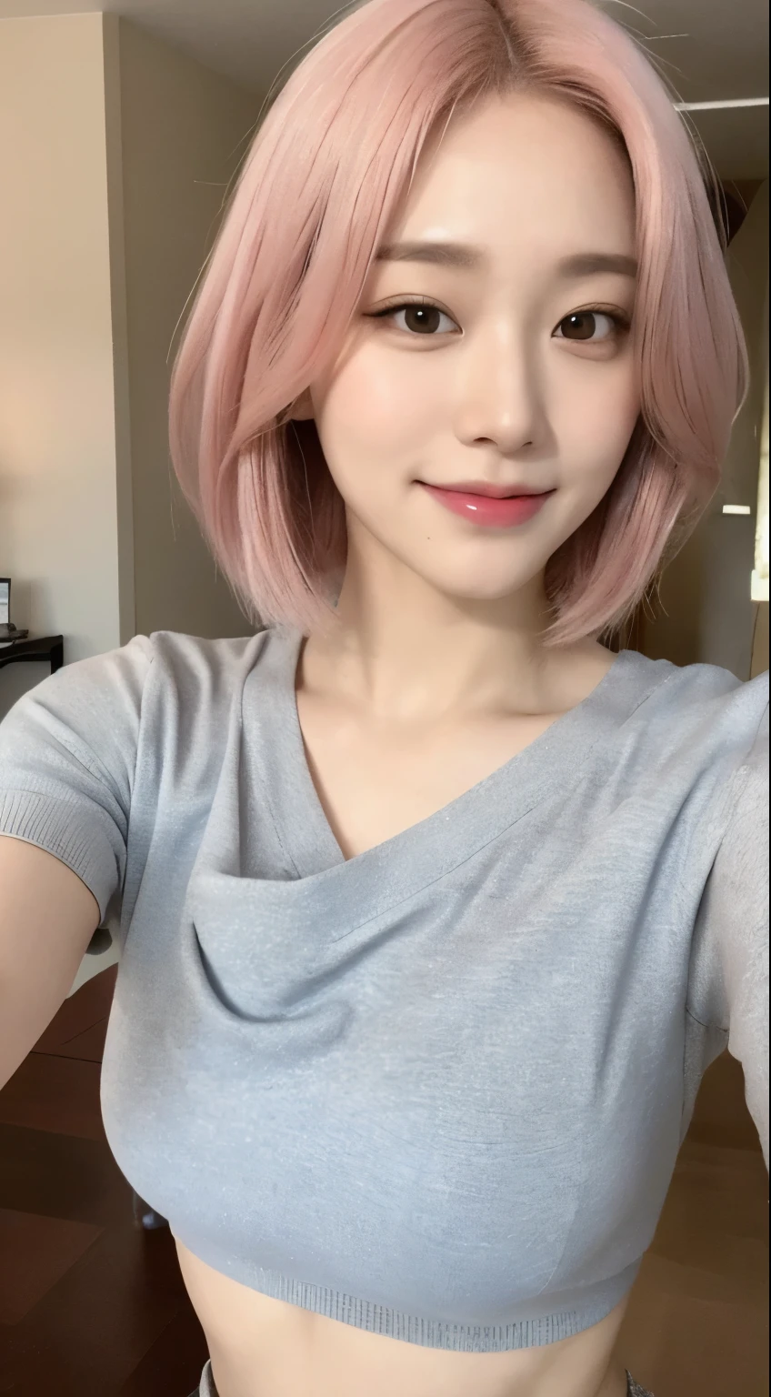 Haruno sakura, ((alone)), alone, E cup breasts,hot pants,T-Shirts, ((Show your forehead)), smile,Are standing, Taking a selfie, Pink Hair, short hair, delicate, young, short hair, Detailed face, High resolution, ((whole body)), Bedroom, whole body, she is a beautiful , High quality face, beautiful, Shine,(masterpiece:1.3), High resolution, Very detailed, Very detailedな,Unity 8k wallpaper, Realistic, photo-Realistic, RAW Photos, Beautifully detailed face, Pale skin, Realistic glistening skin,
