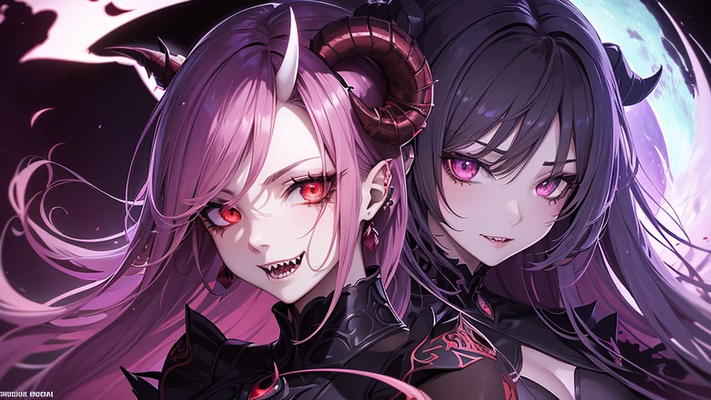 a beautiful anime solo devil girl, highly detailed facial features, piercing eyes, sharp teeth, horns, flowing hair, detailed intricate costume, dark mysterious background, dramatic lighting, cinematic composition, vibrant colors, digital art, concept art style