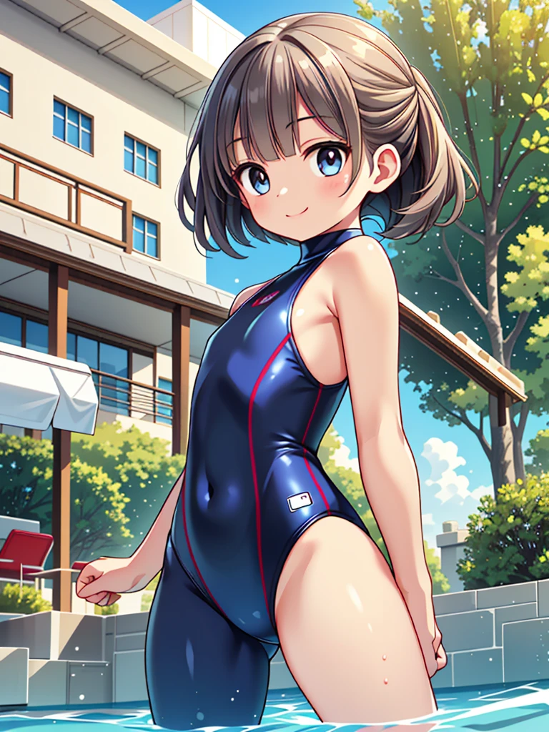 Highest quality, masterpiece, Ultra-high resolution, (Realistic:1.4), RAW Photos, Intricate details, Big beautiful eyes, Perfect contours, masterpiece, One Girl, ((A young female college student))Braided Bob, chest is medium size, Competitive swimmer, (one piece, turtleneck,Sleeveless swimsuit), Clear metallic red swimsuit, 　tight high leg swimsuit, ((back view:1.3, looking over shoulder:1.3, shoot from below:1.3)), Portraiture, View your viewers, Outdoor swimming pool, Partially submerged, Wet Skin, smile, (Underarm)