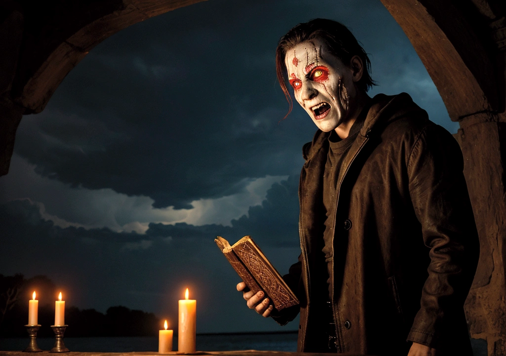Description: Jack stands in front of the ancient altar, holding an old leather-bound book, its pages open, chanting ancient incantations. His forehead is covered in sweat, his eyes are determined but reveal a hint of fear. A chilling aura surrounds him as the spirit circles around him, its face twisted in a grotesque expression, emitting spine-chilling laughter. The spirit's eyes glow red, its body semi-transparent and constantly shifting. As Jack's chanting grows louder, the symbols on the altar start to emit a brilliant light, gradually drawing the spirit towards it, causing its body to twist and disappear.
Background: Ancient altar at the village center, surrounded by a darkened village, with lightning flashing across the sky. The atmosphere is filled with tension and a sense of impending doom.
Character: Jack, in his 30s, short hair, medium build, wearing a dark outdoor jacket, a camera on his shoulder, with a determined but slightly fearful expression, sweat covering his forehead. The spirit, with a grotesque face, glowing red eyes, a semi-transparent, constantly shifting body, emitting spine-chilling laughter.