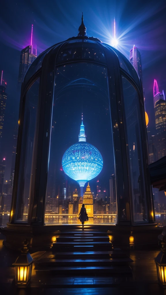 Glass dome, a woman Admiring the dome, illuminated fantasy city, light behind the woman, against light, hyper details, maximum resolution 32k ultra, UHD, masterpiece, exaggerated lights, fantasy city, art style,