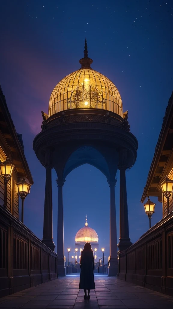 Glass dome, a woman Admiring the dome, illuminated fantasy city, light behind the woman, against light, hyper details, maximum resolution 32k ultra, UHD, masterpiece, exaggerated lights, fantasy city, art style,