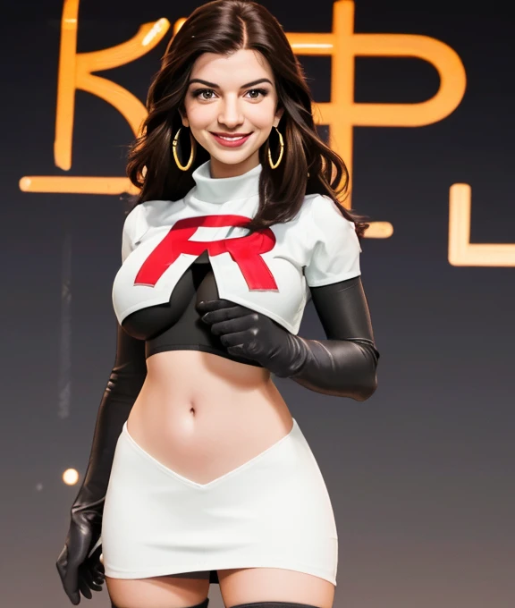 The face of Anita sarkeesian, 1girl, solo, Team rocket, team rocket uniform, red letter R, white skirt,white crop top,black thigh-high boots, black elbow gloves, evil smile, earrings, large breasts, sexy pose, hoop earrings
