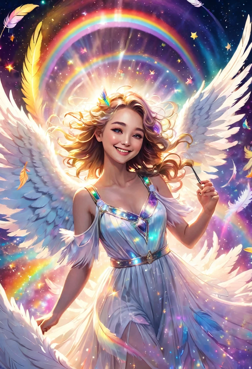 Beautiful angels taking selfies in space, surrounded by rainbow light, joy, smiles, happiness, white feathers dancing