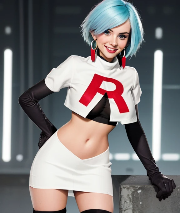 The face of Zoe Quinn, 1girl, solo, Team rocket, team rocket uniform, red letter R, white skirt,white crop top,black thigh-high boots, black elbow gloves, evil smile, earrings, large breasts, sexy pose