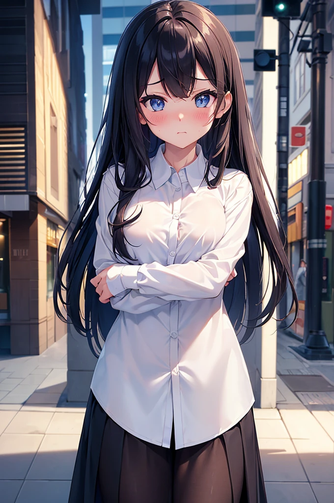 masterpiece, High resolution ,,Embarrassed face,I was so panicked.,Blushing,Obscene pose,sexy glamorous body,,Futuristic midnight downtown cityscape(((Pixel Perfect, Perfect in every detail))), alone, One girl, Chizuru Ichinose, big , (White collared shirt :1.3), View your viewers, Upper Body: 1.0, Are standing、whole body