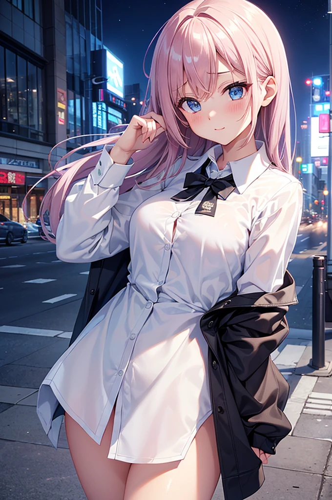 masterpiece, High resolution ,,Embarrassed face,I was so panicked.,Blushing,Obscene pose,sexy glamorous body,,Futuristic midnight downtown cityscape(((Pixel Perfect, Perfect in every detail))), alone, One girl, Chizuru Ichinose, big , (White collared shirt :1.3), View your viewers, Upper Body: 1.0, Are standing、whole body