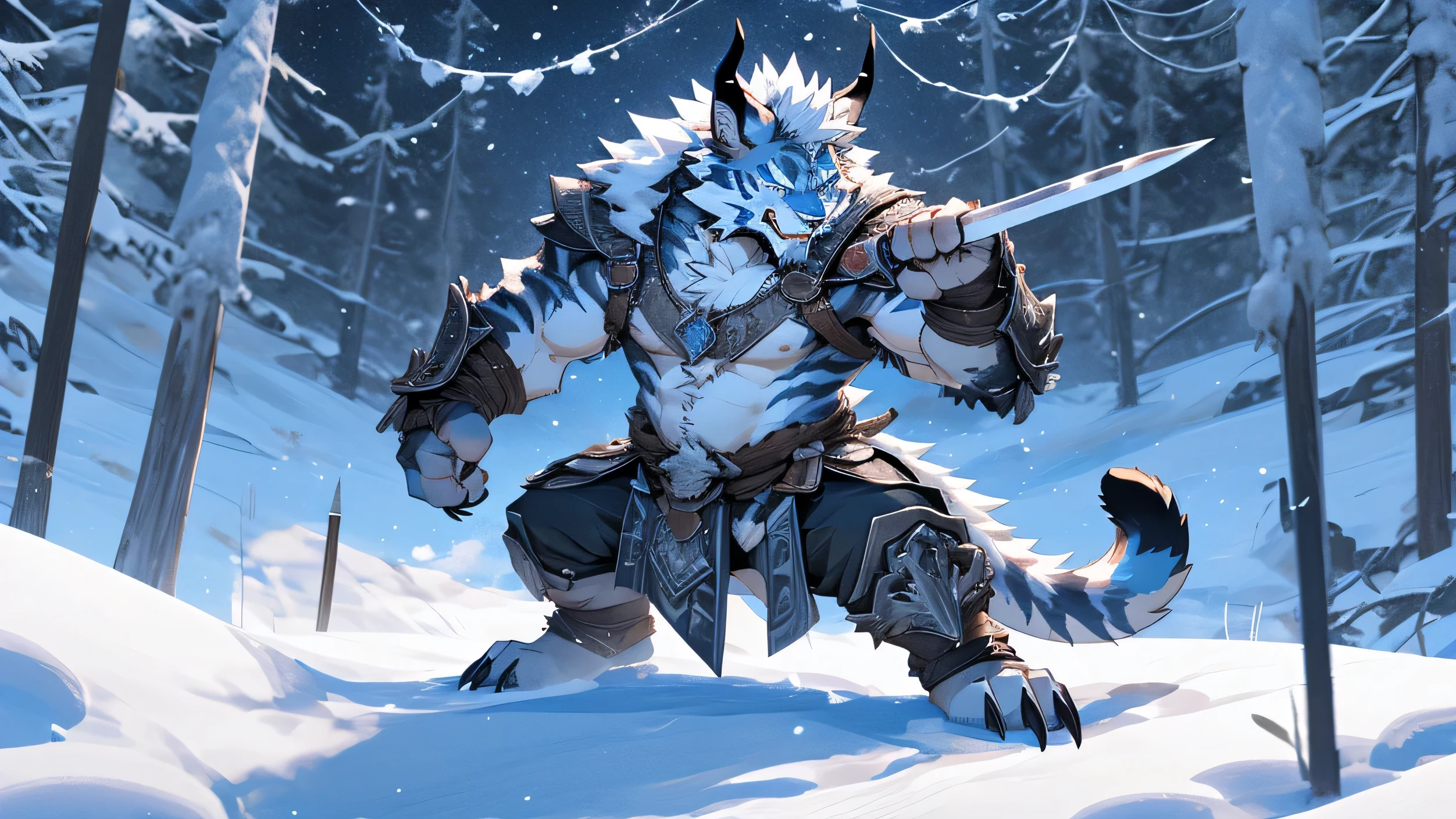head、Animal cat face、A pair of dragon horns,Fluffy white hair all over the body、Heavy breathing、Gnashing of teeth,Serious expression,Fluffy belly、Leather Armor,Viking style,wildcat、blue eyes,(contour)The whole body is covered with long white hair、Hairy body、Long and thick armpit hair、Fangs、4K,Black and white photo tree background,Snow Scene,Sharp claws、Capture the composition of the whole body、Fighting stance with weapons/spear/sword/dagger