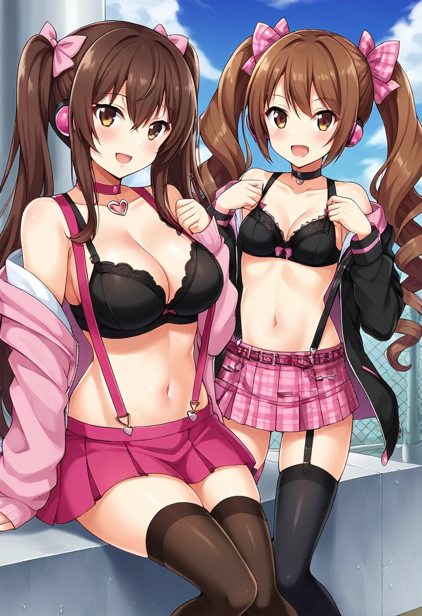 riseidol, brown hair, long hair, twintails, brown eyes, hair bow, headphones, jacket, black bra, suspenders, midriff, pink skirt, thighhighs, choker,
