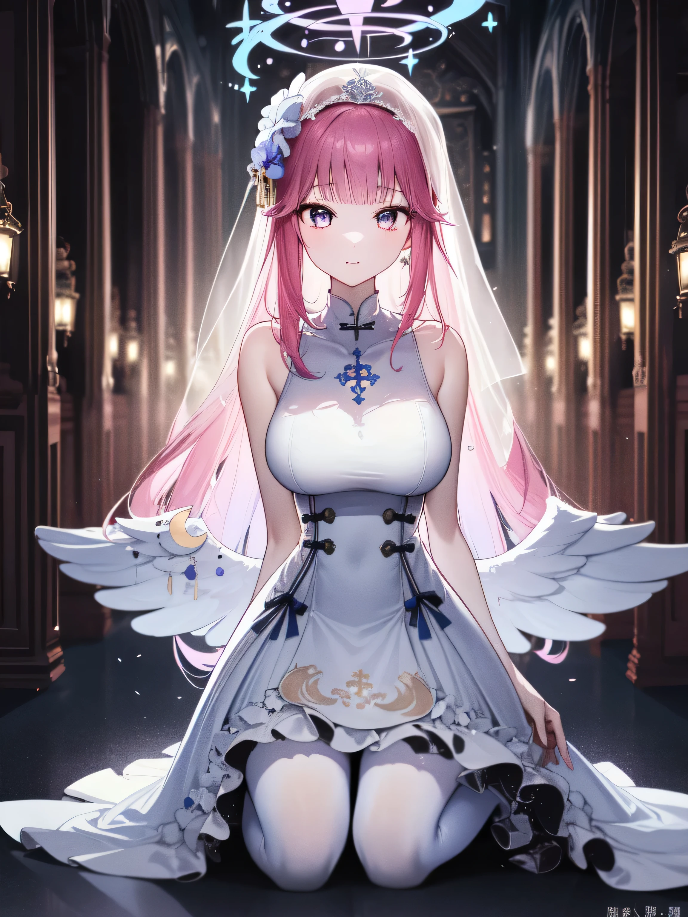 A girl，Long hair, bangs, Pink Hair, Hair between the eyes, s eyes:（1.5),  (Large Breasts:1.2), 
rest clavicle, Wedding dress，Veil，wedding，White Dress，Flowers，The skirt is broken，White socks，Tights，White knee socks，
Looking at the audience, whole body,
indoors, church，permanent，permanent，
rest (masterpiece:1.2), best quality, high resolution, Unity 8K wallpaper, (illustration:0.8), (Beautiful and delicate eyes:1.6), Extremely detailed face, Perfect lighting, Extremely detailed CG, (Perfect hands, Perfect anatomical structure),