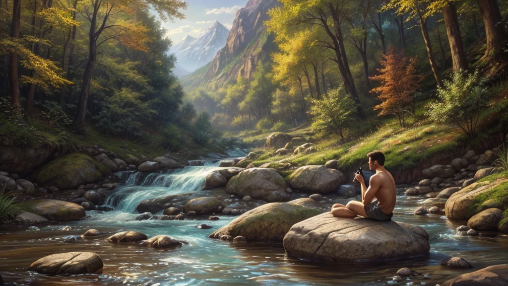 man sitting on a rock in a stream, sitting near a river, beautiful digital painting, relaxing concept art, hd digital painting, gorgeous digital painting, serene illustration, high quality digital painting, 4 k digital painting, 4k digital painting, stunning digital painting, inspired by mark keathley, 8k resolution digital painting, realistic fantasy painting
