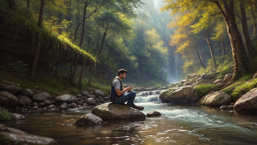 man sitting on a rock in a stream, sitting near a river, beautiful digital painting, relaxing concept art, hd digital painting, gorgeous digital painting, serene illustration, high quality digital painting, 4 k digital painting, 4k digital painting, stunning digital painting, inspired by mark keathley, 8k resolution digital painting, realistic fantasy painting