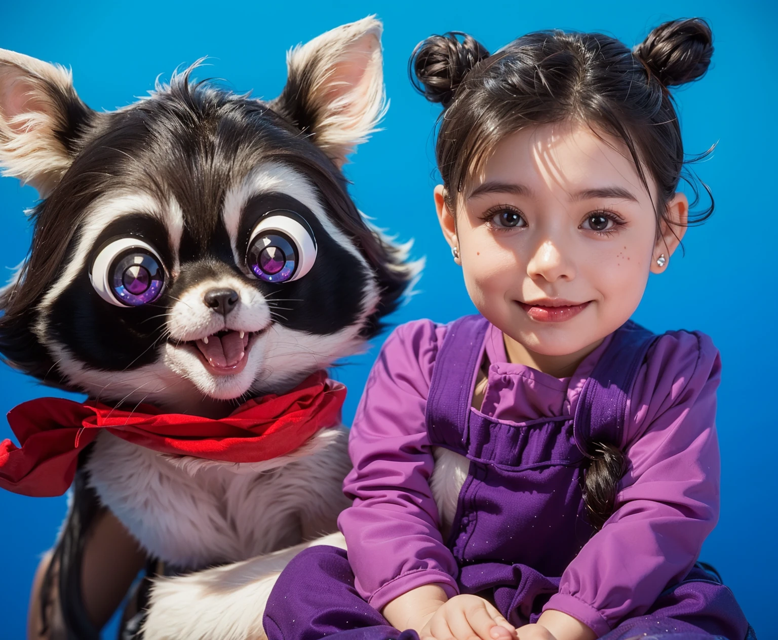 The image features a young girl sitting on a white surface against a gradient blue background. She is wearing a light purple outfit with a long-sleeved top and matching overalls. Her hair is styled in two cute buns, and she has small earrings. The girl has a gentle smile on her face, with big, expressive brown eyes and a soft blush on her cheeks, giving her a healthy, rosy complexion.
Next to the girl is a cartoonish, adorable raccoon character with large, bright purple eyes and a cheerful expression. The raccoon has dark fur with lighter patches around its eyes and mouth, and it wears a red scarf. The raccoon appears to be happily posing with the girl, adding a whimsical and playful touch to the image.
The overall atmosphere of the image is warm and charming, capturing the innocence and sweetness of the girl alongside the playful and friendly raccoon character.baby cute small girlcapturing the innocence and sweetness of the . мультяшный рендеринг ключевого кадра, милый 3D рендеринг,,Create ultra sharp  цветной рендеринг zbrush. perfect cgi, baby cute small girlcgi art created only with gradients, smooth silhouette, Create ultra sharp skin, high intensity refraction, (plastic material), most beautiful vfx, blue background, plastic refractions, glossy texture, smooth 3d model, multiple light sources, rim light, sharp post effects render, (glossy plastic texture with multiple big light probe refractions), perfect cgi, cgi art created only with gradients, smooth silhouette, high intensity refraction, (plastic material), most beautiful vfx, blue background