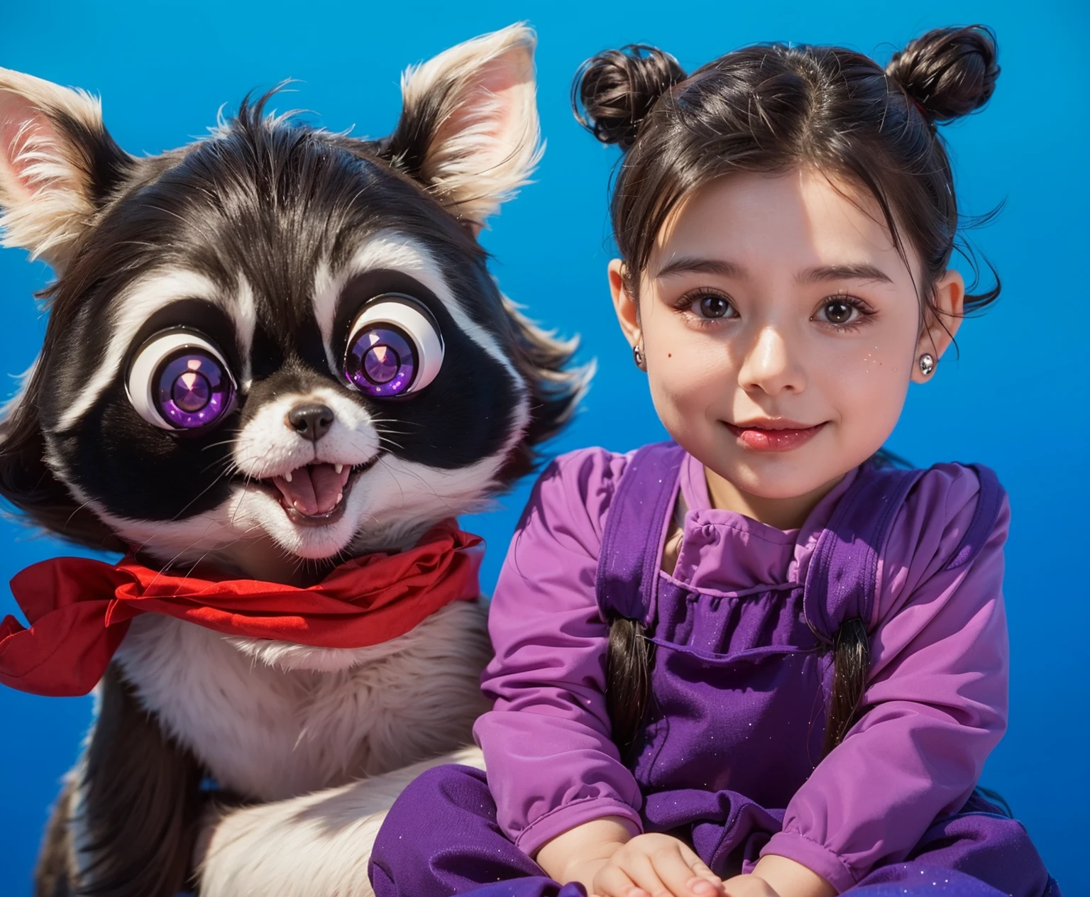 The image features a young girl sitting on a white surface against a gradient blue background. She is wearing a light purple outfit with a long-sleeved top and matching overalls. Her hair is styled in two cute buns, and she has small earrings. The girl has a gentle smile on her face, with big, expressive brown eyes and a soft blush on her cheeks, giving her a healthy, rosy complexion.
Next to the girl is a cartoonish, adorable raccoon character with large, bright purple eyes and a cheerful expression. The raccoon has dark fur with lighter patches around its eyes and mouth, and it wears a red scarf. The raccoon appears to be happily posing with the girl, adding a whimsical and playful touch to the image.
The overall atmosphere of the image is warm and charming, capturing the innocence and sweetness of the girl alongside the playful and friendly raccoon character.baby cute small girlcapturing the innocence and sweetness of the . мультяшный рендеринг ключевого кадра, милый 3D рендеринг,,Create ultra sharp цветной рендеринг zbrush. perfect cgi, baby cute small girlcgi art created only with gradients, smooth silhouette, Create ultra sharp skin, high intensity refraction, (plastic material), most beautiful vfx, blue background, plastic refractions, glossy texture, smooth 3d model, multiple light sources, rim light, sharp post effects render, (glossy plastic texture with multiple big light probe refractions), perfect cgi, cgi art created only with gradients, smooth silhouette, high intensity refraction, (plastic material), most beautiful vfx, blue background