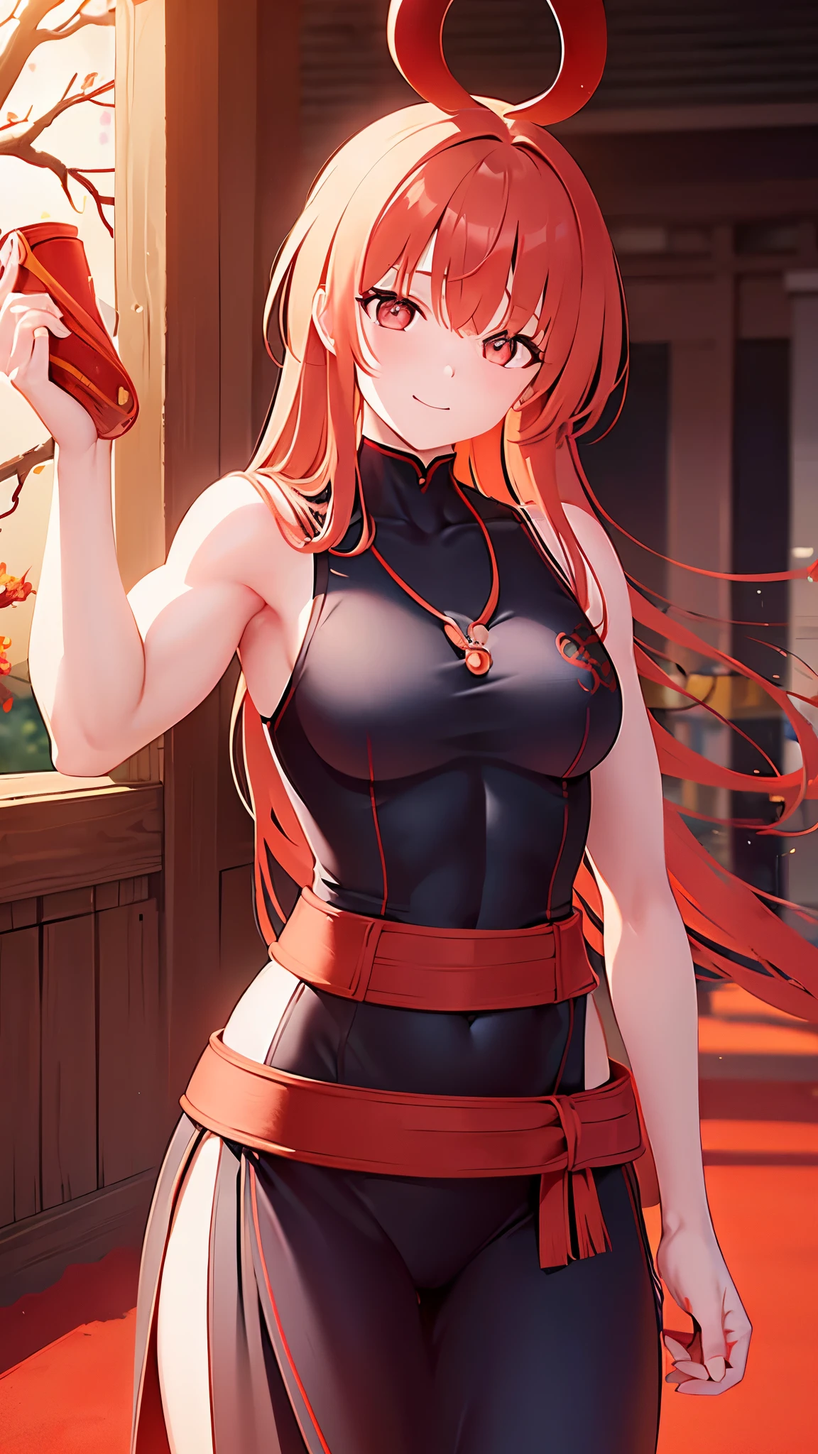 Name: Sakura Keiko
Element: FLAMARA
Description: A passionate and determined Ronin wielder of the Flame Red Sword. With fiery red hair andamber eyes, she protects the people of her village from harm, always putting others before herself.
Prompt: ((((Obra Maestra, La mejor calidad, ultra-high resolution)))), 1girl, warrior posture, (red hair fantasy, long), simple but elegant Ronin robe, radiant amber eyes, chamber pot Origami Bunny, (((ultra detailed face, slender body, defined muscles))),ześ junto, (beautiful, defined scar over cheek), focusing on distance, ((intense backlight against fiery red background:0.9))), revealed face, blue flames dancing behind, hugging traditional Katana, ((symbol of honor hilt accessory:0.9)), confident smile, tiny traditionalbindles above belt, fierce focus, realistic green leaves surrounding, 25 years old, noble head tilt