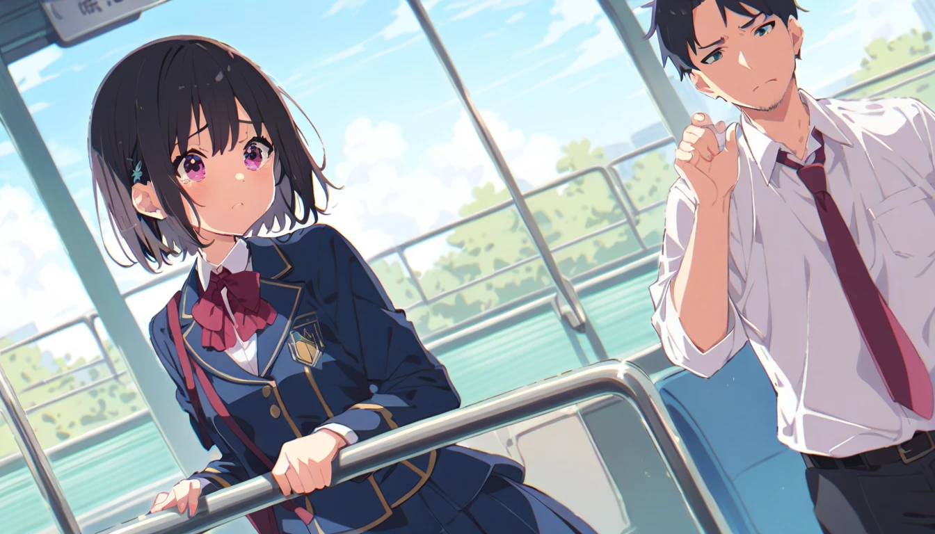 A middle-aged man is touching the buttocks of a crying girl in a blazer uniform with black bob hair from behind while she is holding on to the handrail of a train