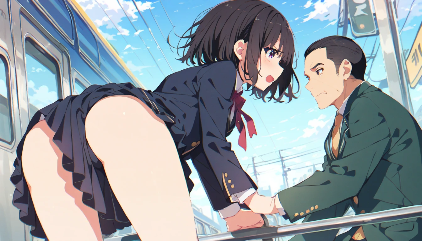 A middle-aged man is touching the buttocks of a crying girl in a blazer uniform with black bob hair from behind while she is holding on to the handrail of a train