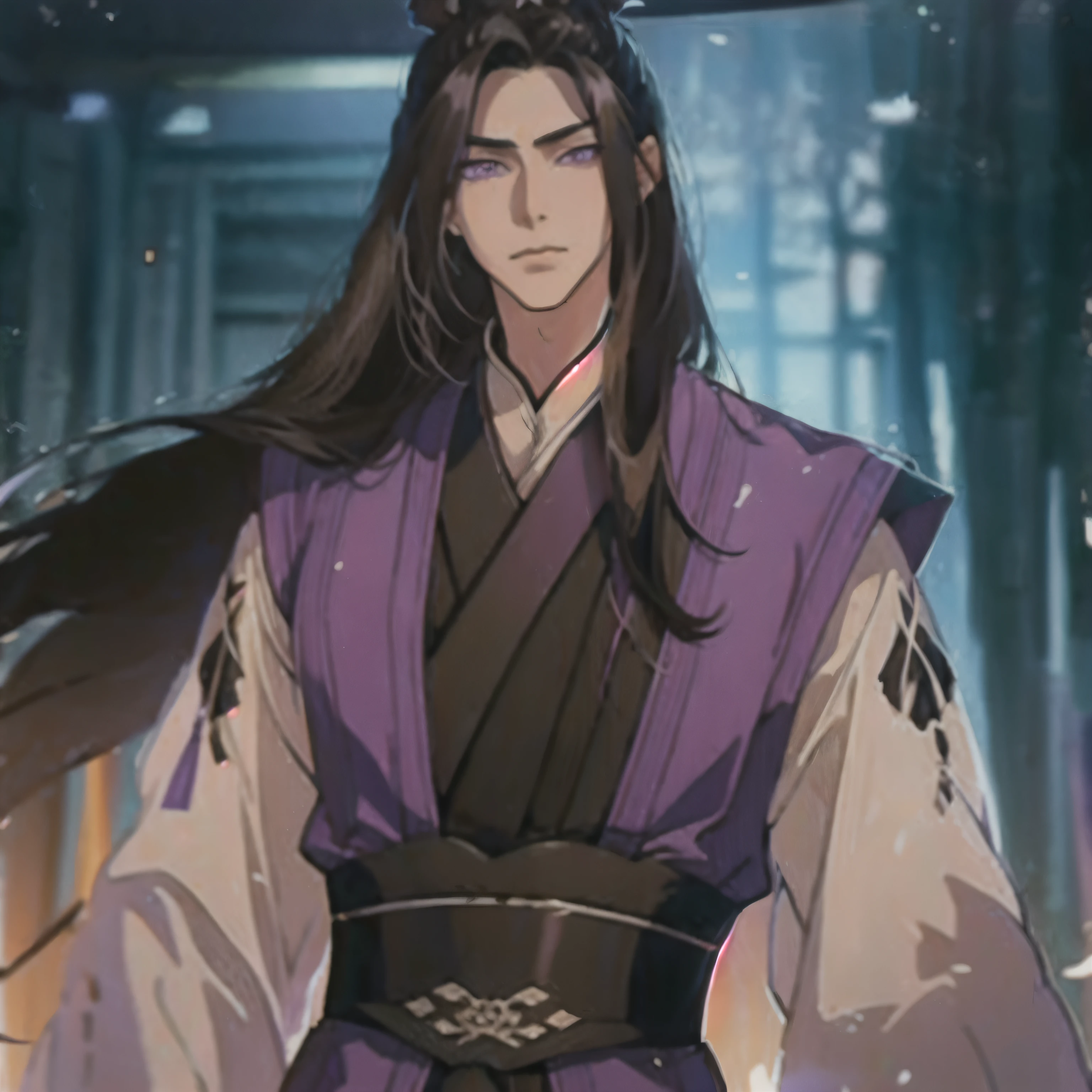 (masterpiece, best quality:1.2), 1male, solo, jiang cheng, mo dao zu shi, mdzs, purple and black clothes, purple eyes, long black hair, perfect anatomy