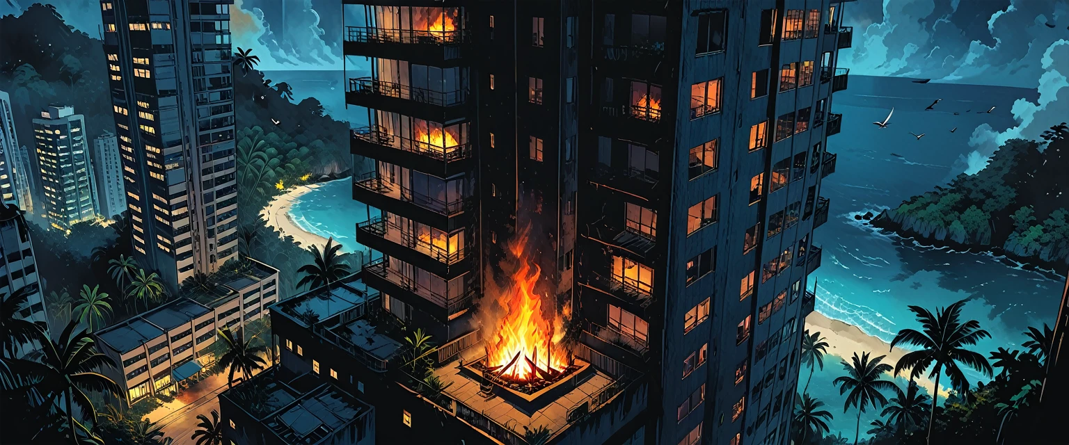 burning first floor lonely skyscraper, fire at the bottom, smoke, 
(outside of a skyscraper), night, dark, 
the light is only from a 1skyscraper, tropical, top view, palm, ((bird's-eye view)),
skyscraper, (tropical island), ocean, tropical forest, graphic style of novel comics,  2d, 8k, hyperrealism, masterpiece, high resolution, best quality, ultra-detailed, super realistic, Hyperrealistic art, high-quality, ultra high res, highest detailed, lot of details, Extremely high-resolution details, incredibly lifelike, colourful, soft cinematic light,