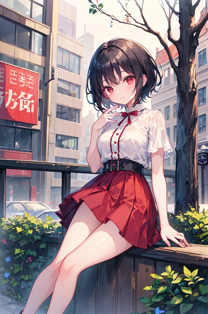 (masterpiece, highest quality, highest quality, (No text), Beautiful and aesthetic:1.2),No text,アニメ、BREAK,One Girl，Black Hair Girl　short hair　Tree Eyes　Beautiful eyes　Red eyes　cool　smile　Red and Black　mini skirt　Whole body　Detailed eyes and face　Night in the city