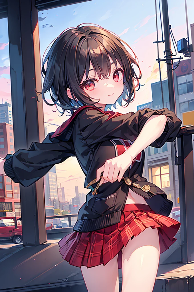 (masterpiece, highest quality, highest quality, (No text), Beautiful and aesthetic:1.2),No text,アニメ、BREAK,One Girl，Black Hair Girl　short hair　Tree Eyes　Beautiful eyes　Red eyes　cool　smile　Red and Black　mini skirt　Whole body　Detailed eyes and face　Night in the city