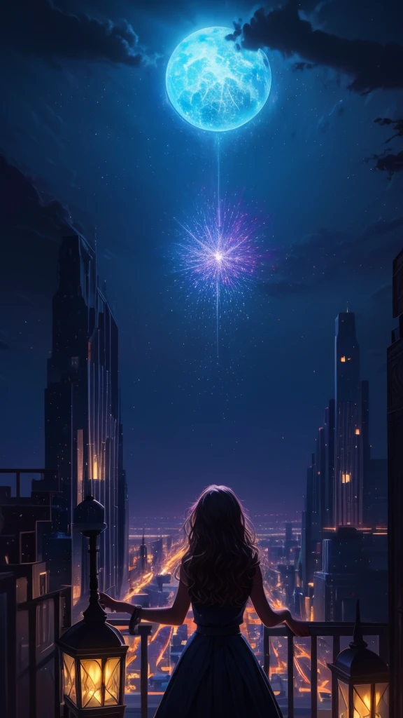 Glass dome, a woman Admiring the dome, illuminated fantasy city, light behind the woman, against light, hyper details, maximum resolution 32k ultra, UHD, masterpiece, exaggerated lights, fantasy city, art style,