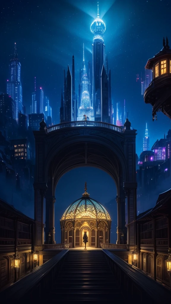 Glass dome, a woman Admiring the dome, illuminated fantasy city, light behind the woman, against light, hyper details, maximum resolution 32k ultra, UHD, masterpiece, exaggerated lights, fantasy city, art style,
