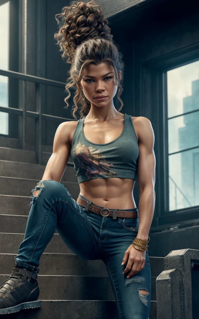 (Zendaya:Evangeline Lilly) ,sitting on some stairs, ripped jeans, tank top, ((pulls up her shirt)) , jacked muscular, Beautiful anime waifu style girl, hyperdetailed painting, luminism, art by Carne Griffiths and Wadim Kashin concept art,  post-apocalyptic background, abstract beauty, approaching perfection, pure form, golden ratio, minimalistic, dark atmosphere, unfinished, concept art, intricate details, 8k post production, high resolution, hyperdetailed, trending on artstation, sharp focus, studio photo, intricate details, highly detailed, by Jon Bauer