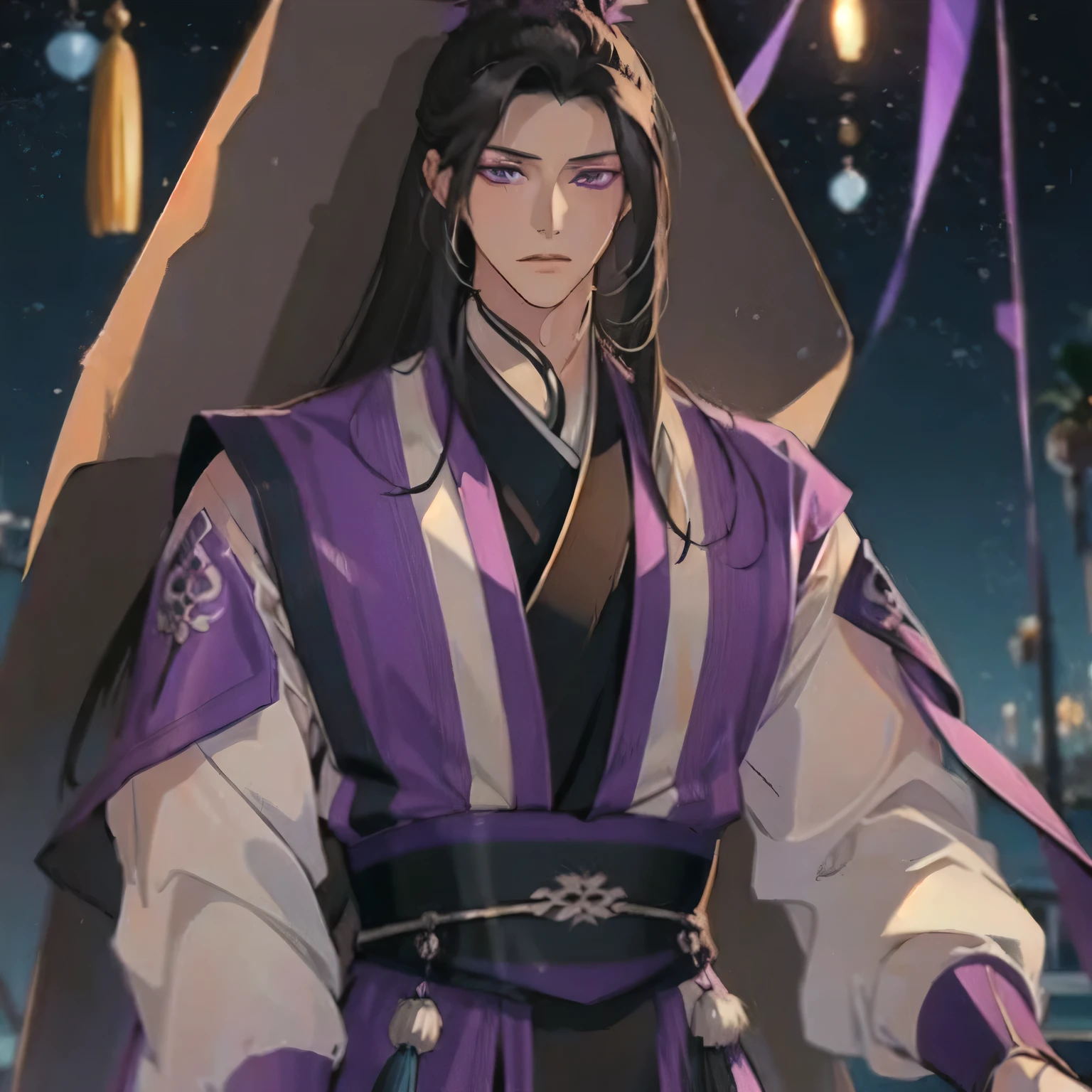 (masterpiece, best quality:1.2), 1male, solo, jiang cheng, mo dao zu shi, mdzs, purple and black clothes, purple eyes, long black hair, perfect anatomy