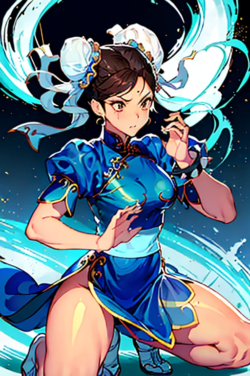 Chun-Li from Street Fight II,Chun-Li Costume,Blue Chinese dress with gold lines,Bunhead、Highest quality, 超High resolution、(High resolution)、(8K)、(Very detailed),Diagonal bangs、masterpiece, Highest quality, masterpiece, Highest quality,  alone, 1 Girl,  Brown Hair, From SF2,  Muscular woman, Blue clothes, pantyhose, Pelvic Curtain, Puff short sleeves.
(Both hands tied with thick rope。)
(((On one knee。)))
(((The blue cheongsam is cut into pieces。)))
Her breasts are peeking out from the crack。
((Bleeding from arms or legs。))
Crippling。
I&#39;m somehow maintaining my posture。If he gets hit with another blow, he will surely die.。
I am enduring the pain in a cold sweat。