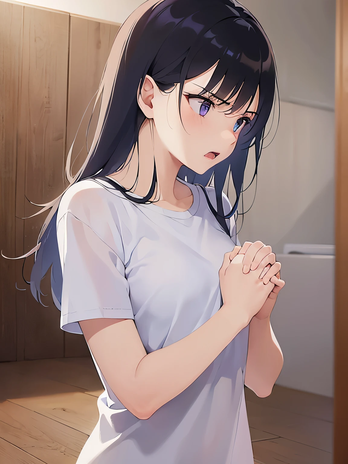clasping own hands, looking down, side angle, (looking away:1.5), Upper Body, Realistic, real person, (pale skin: 1.2), RAW photo, photorealistic, shiny skin, shiny hair、(A 25-year-old woman with straight hair and bangs) and (medium hair) and (black hair) and (purple eyes) , (white) and (T-shirt) 、(angry:1.5), open mouth, The background is the living room、Alone、Are standing