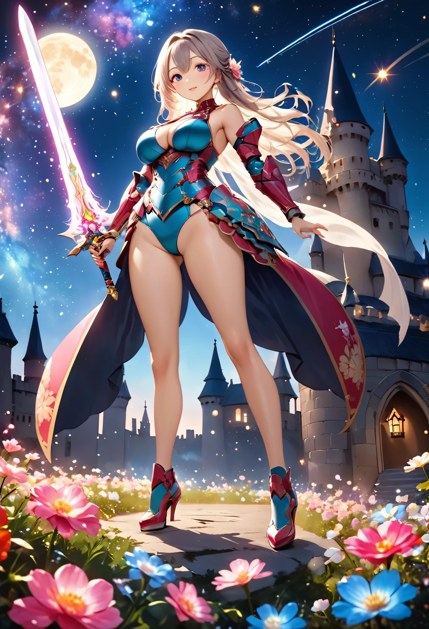 Highest quality, Super quality, 16K, Incredibly absurd, Very detailed, 2.5D, delicate and dynamic, Delicate facial depiction, Delicate eye depiction, miniature painting, Small faint lights and flying fireflies, night, Starry Sky, milky way, nebula, shooting star, Flowers, birds, wind and moon, Castle in the Sky, erotic, sole sexy lady, healthy shaped body, 22 years old lady, Asura, 170cm tall, huge firm bouncing busts, sexy long legs, Holding a colorful holy sword, full body metal armor, Complicated armor, Brightly colored armor,