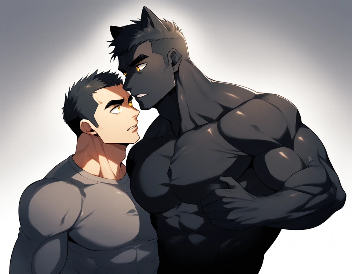 aanime characters:Two superheroes in tights, Muscle superhero, Black Short Hair, ????? black skin, They hugged and kissed each other, Bite your neck, Caress, Manliness, male focus, Yellow and black high collar long sleeve tight T-shirt, Slightly transparent material, Very tight, Round, full and perky chest muscles, Male dog waist, Slightly transparent, muscular male, muscular, only, Upper body, alone, Black Short Hair, Thick eyebrows, stubble, Yellow eyes, Grey background, simple background, amazing quality, best aesthetics, Ridiculous, bright pupils, crew cut, parted lips, heavy breathing, pain, horrified, drop shadow, best quality