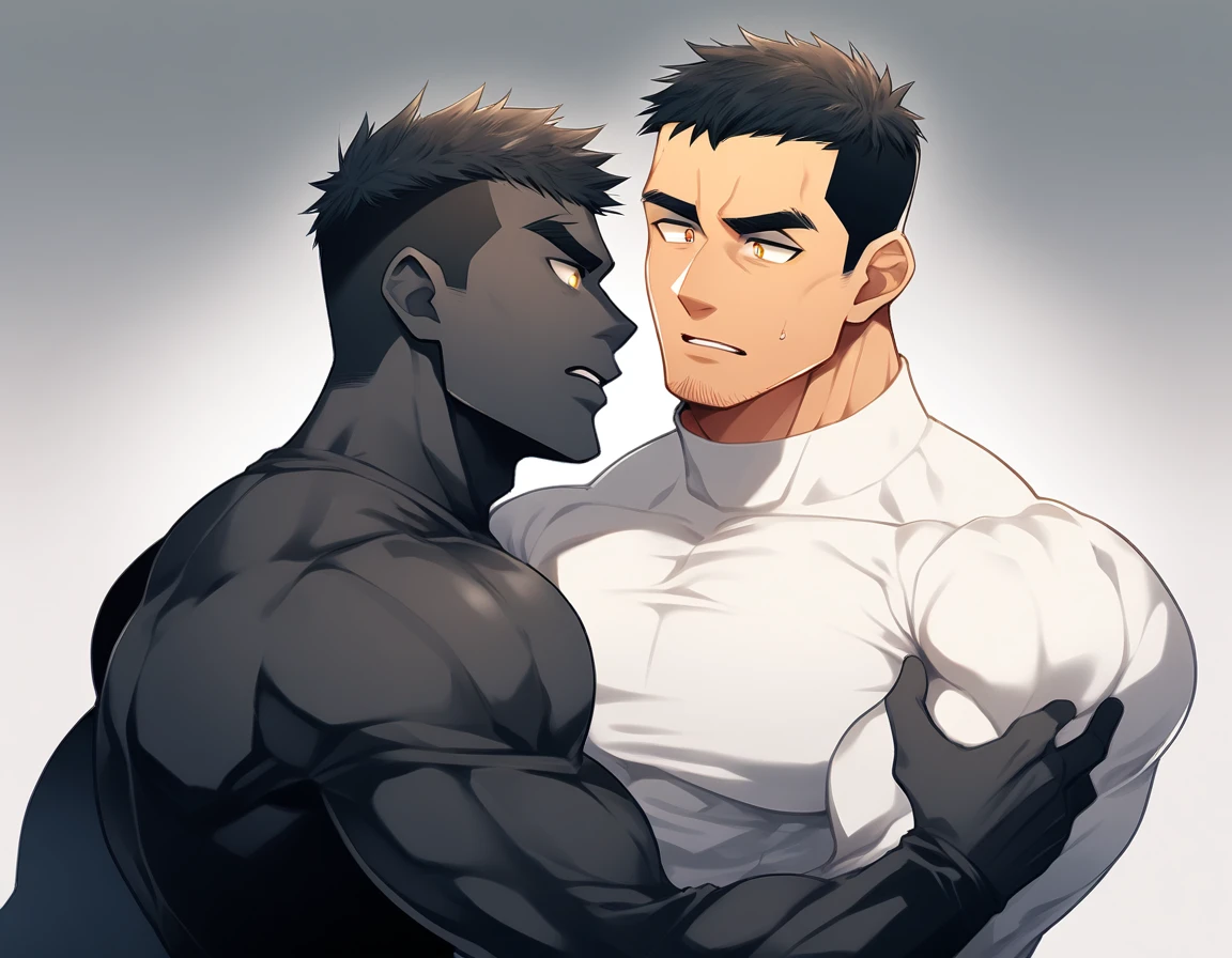 aanime characters:Two superheroes in tights, Muscle superhero, Black Short Hair, negro black skin, They hugged and kissed each other, Bite your neck, Caress, Manliness, male focus, Yellow and black high collar long sleeve tight T-shirt, Slightly transparent material, Very tight, Round, full and perky chest muscles, Male dog waist, Slightly transparent, muscular male, muscular, only, Upper body, alone, Black Short Hair, Thick eyebrows, stubble, Yellow eyes, Grey background, simple background, amazing quality, best aesthetics, Ridiculous, bright pupils, crew cut, parted lips, heavy breathing, pain, horrified, drop shadow, best quality