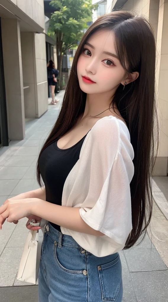 Tabletop, Highest quality, shape, Very detailed, finely, High resolution, 8k wallpaper, 完璧なダイナミックな構shape, Beautiful and exquisite, Nice spring clothes,Beautiful straight hair,Small breasts,Natural color lip, 20-year-old girl、cute、Always blur the background,Perfect and beautiful face,Beautiful and dense face、Slim face and figure,Big eyes、Putting on gal makeup,Actual Photos（Best image quality）、Fashion model posing、Full Body Shot、Change pose randomly、Randomly change the shooting angle and position、Summer Fashion