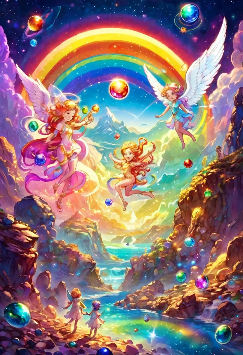 Smiling angels piling up gems on Venus, shining planets, space, mysterious stones that shine in rainbow colors, mysterious