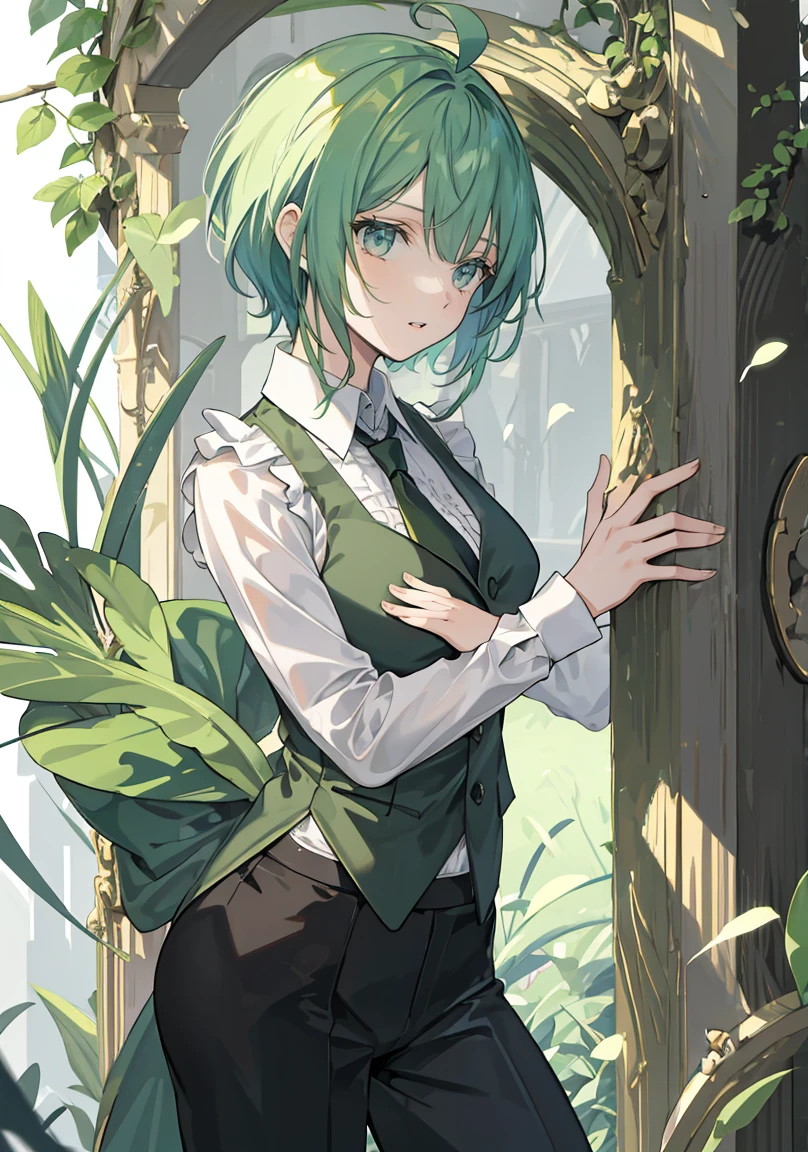 (Fantasy:1.4), (anime), ((Highly detailed 8K illustrations)), High resolution, (Highly detailed and beautiful backgrounds), Ultra-precision coating, Professional Illustration, Ultra-precise depiction, Ultra-detailed depiction, (beautifully、aesthetic:1.2), High resolution, (Written boundary depth:1.4), (girl), (bad no tabi), (bad \(bad no tabi\)), a bit, Big green ribbon on head、Big Ahoge、Green Hair, Green Eyes, kind, Small breasts, short hair, Green Uniform、Black vest, Black long pants,tie, , White shirt,  smile, Character Focus, Panty shot,Huge Ass、Protruding、Swimwear