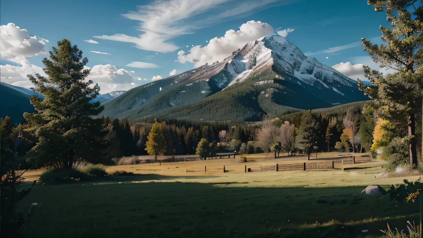 Very cool mountain view with lots of big trees, bright clouds, afternoon light, sharp colors, full RGB, 16k, realistic, contrast, shadows