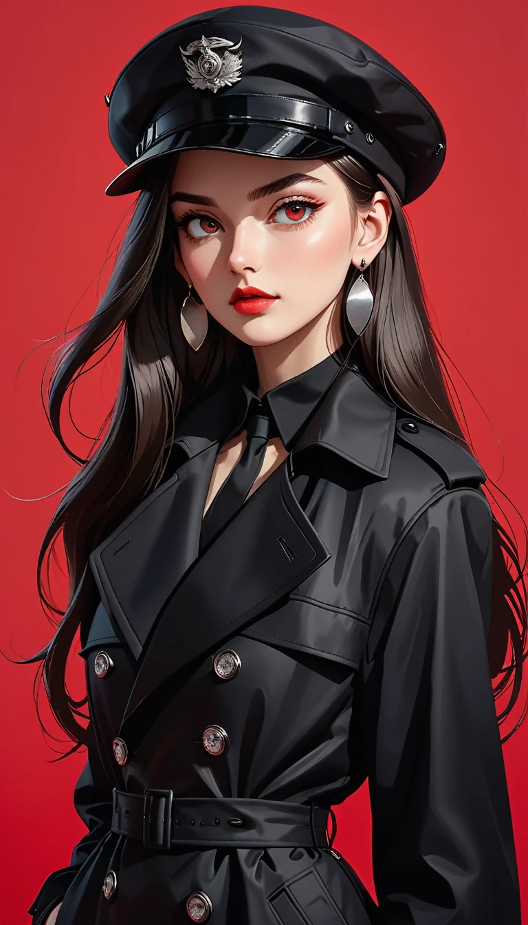 (masterpiece，high quality，8K).beautiful girl，Skin details，Bright Eyes，Straight long hair，Peaked Cap，Exaggerated earrings，Unique，Staring at the audience），（Black trench coat suit：1.37）。Light and Shadow，Clean and simple red background