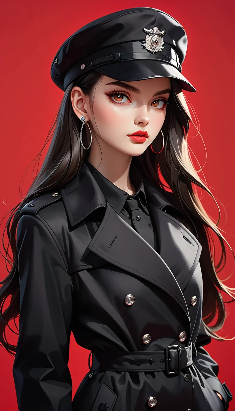 (masterpiece,high quality,8K).beautiful girl,Skin details,Bright Eyes,Straight long hair,Peaked Cap,Exaggerated earrings,Unique,Staring at the audience),(Black trench coat suit:1.37)。Light and Shadow,Clean and simple red background