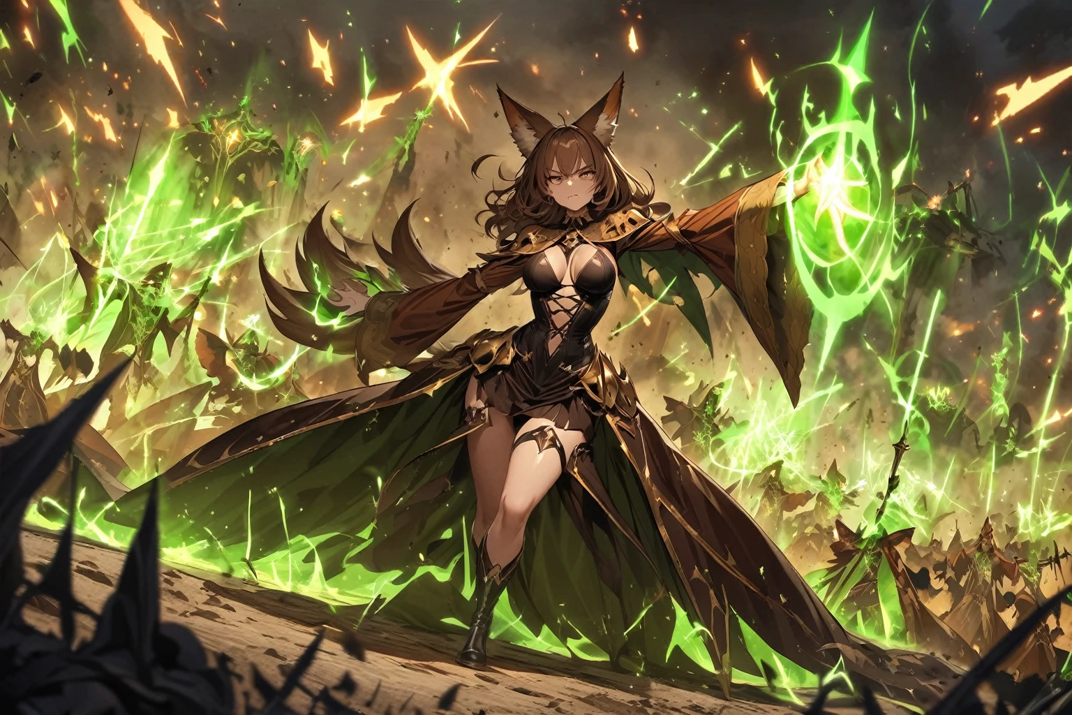 hand drawing, high detail, kitsune necromancer on a battlefield, using magic to raise the dead, sexy outfit, brown hair, brown eyes, evil, green magic, foxtail