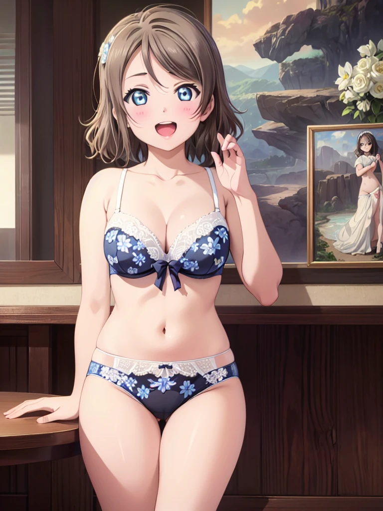 ((Highest quality)),(Ultra-high resolution),(Very detailed),(Detailed Description),((The best CG)),(A masterpiece),Ultra-detailed art,Amazing painting art,(Art with precise details:1.5), Portraiture:1.6,Beautiful and well-proportioned face:1.5, (laughing), Watanabe Yo, surprised, Floral lace underwear, (((Underwear only))), bra, Panties, Large Breasts, ((In underwear)), Place your left hand behind your body,