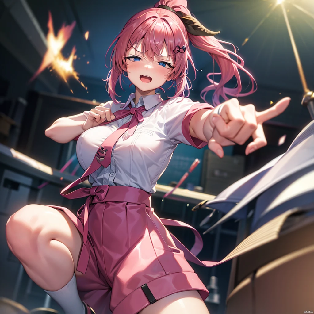 If you can hold a warehouse(Nijisanji),ponytail,Pink Hair,Purple hair tips,ponytailに黒いリボン,hair ornaments,blue eyes,Medium chest,Emphasized breasts,Tight white shirt,Pink tie, Highest quality, High resolution, unity 8k wallpaper, (figure:0.8), (Beautiful attention to detail:1.6), Highly detailed face, Perfect lighting, Highly detailed CG, (Perfect hands, Perfect Anatomy),