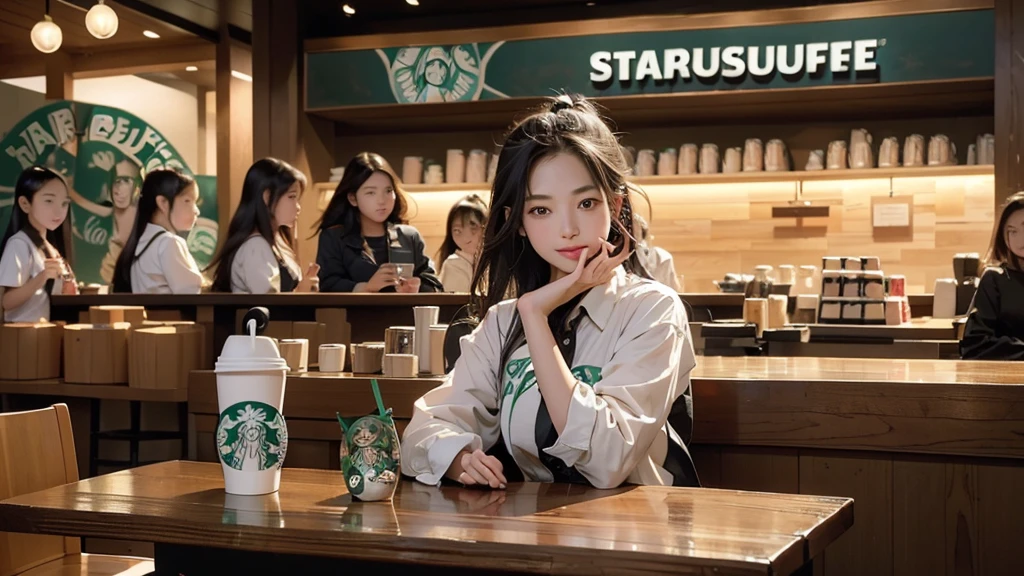 8K、RAW Photos、Highest quality、Super detailed、Super Resolution、Ultra HD、8K壁紙、Amazing details
(((Inside the Starbucks store)))、Woman sitting at a table by the window、16-year-old girl、((((Girls&#39; High School Uniforms))))、((Eat cake、Drink coffee、smile))((Emphasize cleavage))
