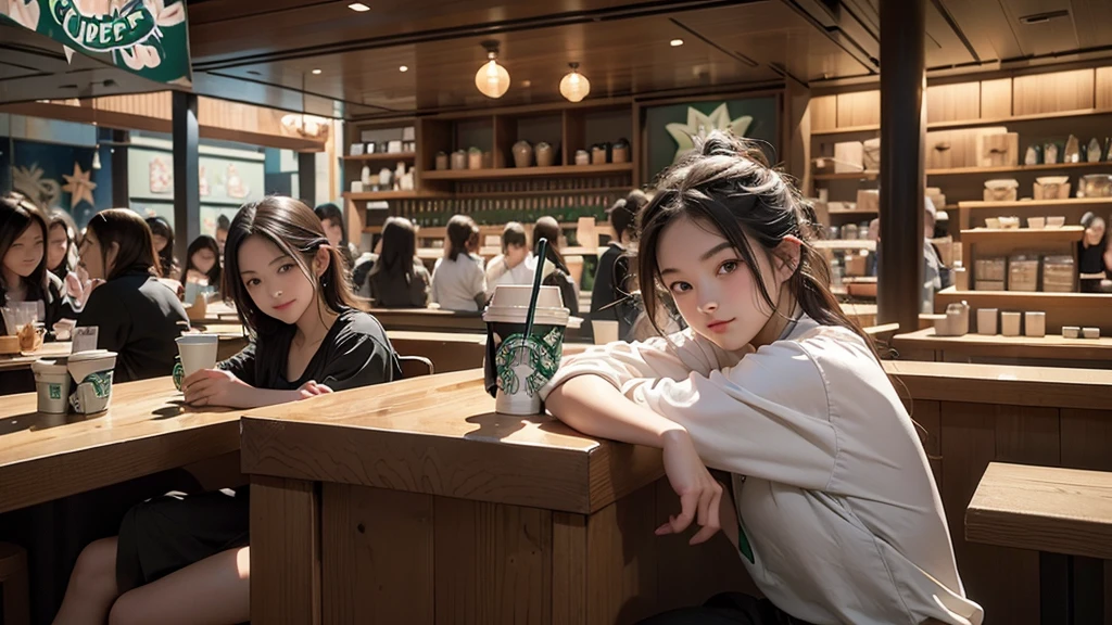 8K、RAW Photos、Highest quality、Super detailed、Super Resolution、Ultra HD、8K壁紙、Amazing details
(((Inside the Starbucks store)))、Woman sitting at a table by the window、、((((Girls' High School Uniforms))))、((Eat cake、Drink coffee、smile))((Emphasize cleavage))