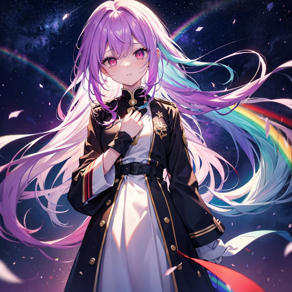 (((Fantasy　Rainbow Hair　Make your hair rainbow-colored on the inside　Long Hair　Dull red eyes)))　((Has a galaxy　uniform　Put on a coat without putting your arms through it　Lonely　despair))　((tears　gloves))　(((Broken glass)))　(Distorted Space-Time　star)　Catch the wind　autumn　Shining Background　Particles of light, rainbow colored edges
