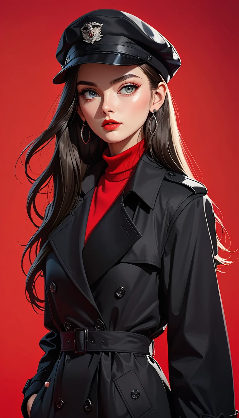 (masterpiece，high quality，8K).beautiful girl，Skin details，Bright Eyes，Straight long hair，Peaked Cap，Exaggerated earrings，Unique，Staring at the audience），（Black trench coat suit：1.37）。Light and Shadow，Clean and simple red background，Large Canvas