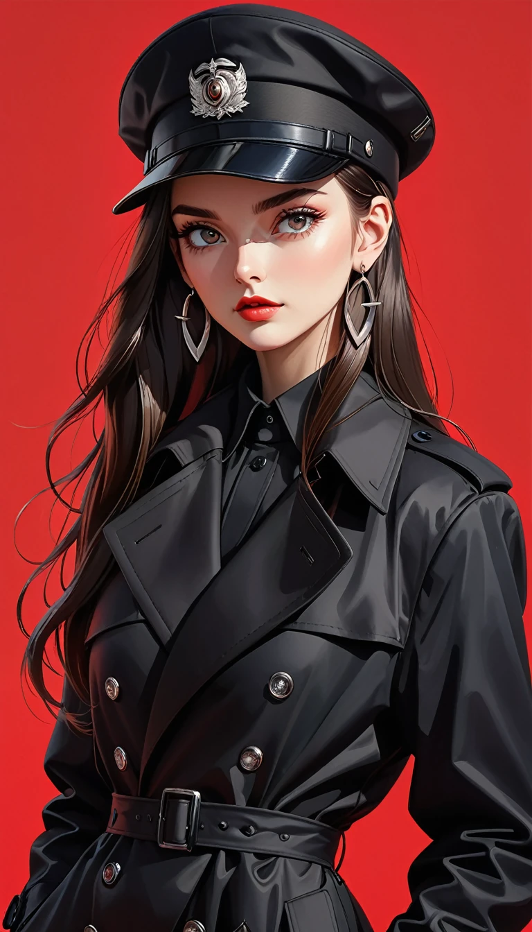 (masterpiece，high quality，8K).beautiful girl，Skin details，Bright Eyes，Straight long hair，Peaked Cap，Exaggerated earrings，Unique，Staring at the audience），（Black trench coat suit：1.37）。Light and Shadow，Clean and simple red background，Large Canvas