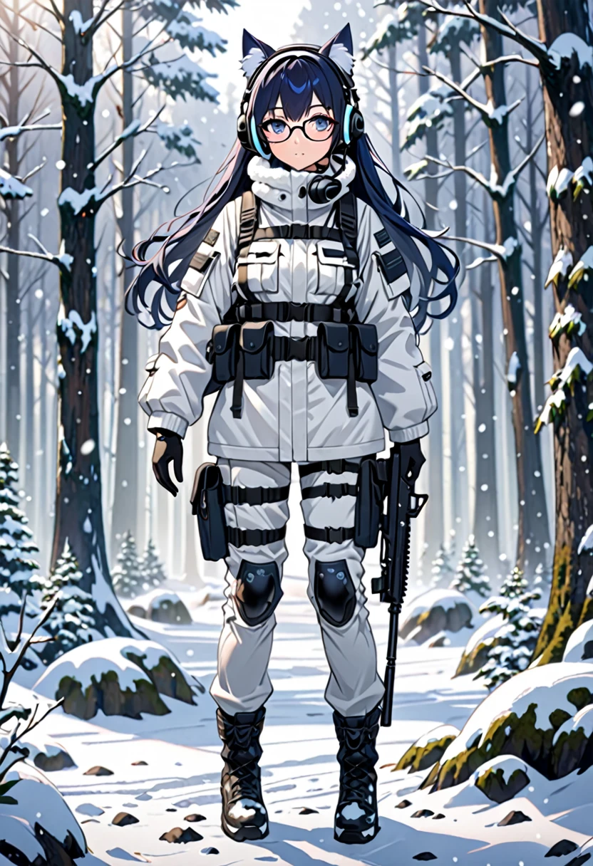 8K Ultra High-Quality, ultra-detailed, High quality, Dark Blue hair, Long hair, Headset, cat girl, white Tactical clothes, winter Military clothes, face mask, body harness, holding a white rifle, Looking at viewer, choker, glasses, full body, snowing forest background