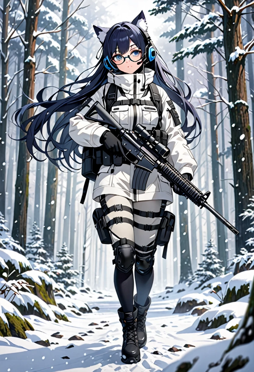 8K Ultra High-Quality, ultra-detailed, High quality, Dark Blue hair, Long hair, Headset, cat girl, white Tactical clothes, winter Military clothes, face mask, body harness, holding a white rifle, Looking at viewer, choker, glasses, full body, snowing forest background